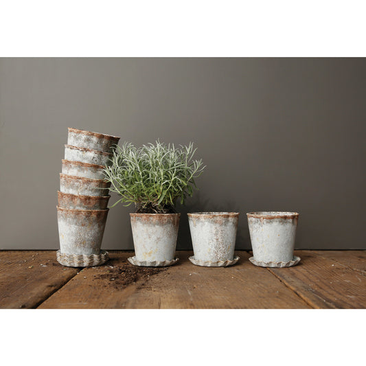 Distressed Metal Planter with Pleated Saucer